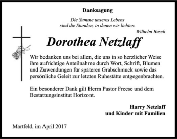 Traueranzeige von Dorothea Netzlaff von SYK