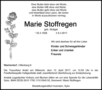 Traueranzeige von Marie Stoffregen