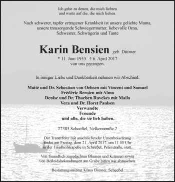 Traueranzeige von Karin Bensien von KRZ