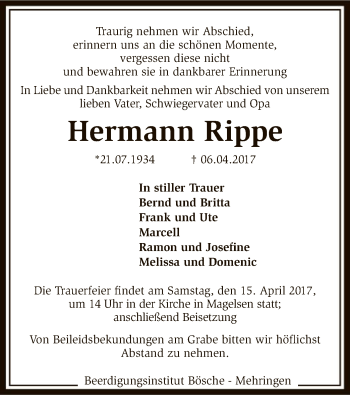 Traueranzeige von Hermann Rippe von SYK