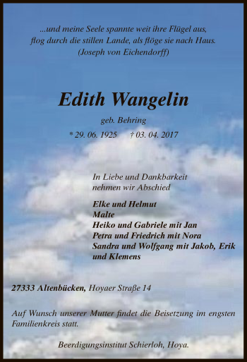 Traueranzeige von Edith Wangelin von SYK