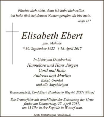 Traueranzeige von Elisabeth Ebert von SYK