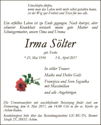 Traueranzeige von Irma Sölter von SYK