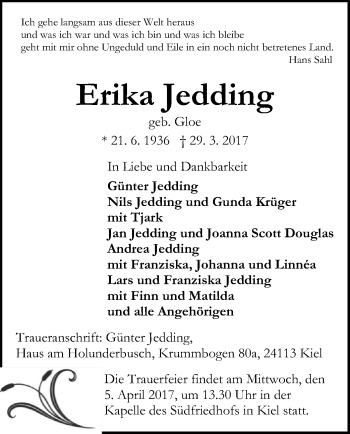 Traueranzeige von Erika Jedding von SYK