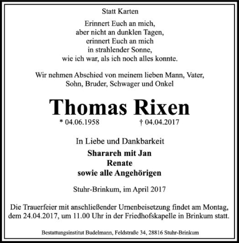  Traueranzeige für Thomas Rixen vom 19.04.2017 aus SYK