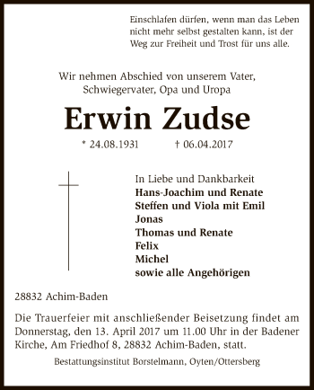 Traueranzeige von Erwin Zudse von SYK