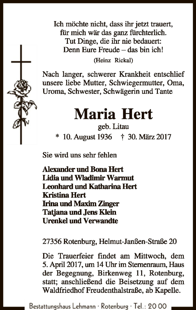  Traueranzeige für Maria Hert vom 04.04.2017 aus SYK