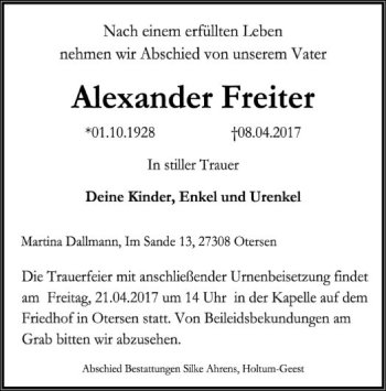 Traueranzeige von Alexander Freiter von SYK