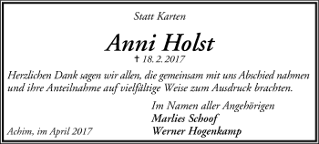 Traueranzeige von Anni Holst von SYK