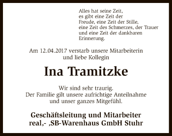 Traueranzeige von Ina Tramitzke von SYK