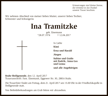 Traueranzeige von Ina Tramitzke von SYK