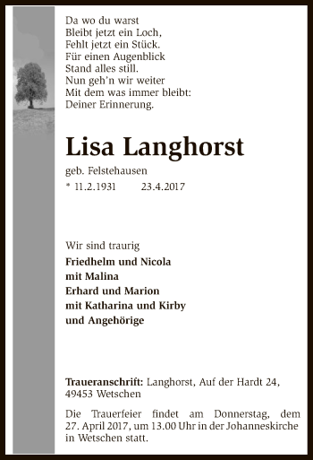 Traueranzeige von Lisa Langhorst von SYK