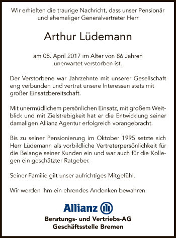 Traueranzeige von Arthur Lüdemann von SYK