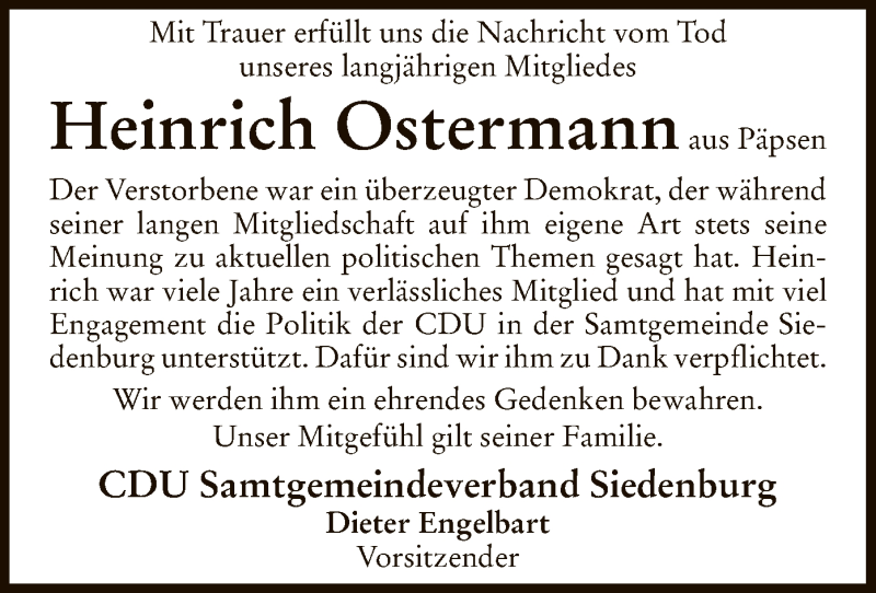  Traueranzeige für Heinrich Ostermann vom 22.04.2017 aus SYK