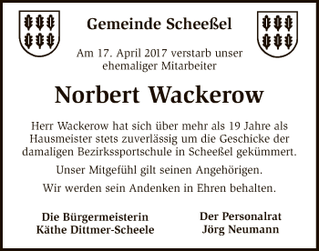 Traueranzeige von Norbert Wackerow von SYK