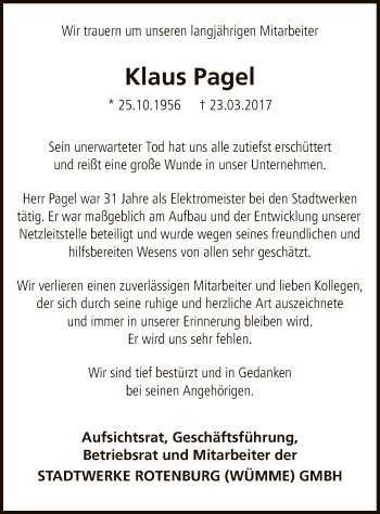 Traueranzeige von Klaus Pagel von SYK