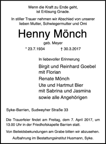 Traueranzeige von Henny Mönch von SYK