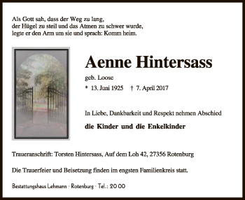 Traueranzeige von Aenne Hintersass von SYK