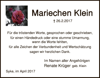 Traueranzeige von Mariechen Klein von SYK