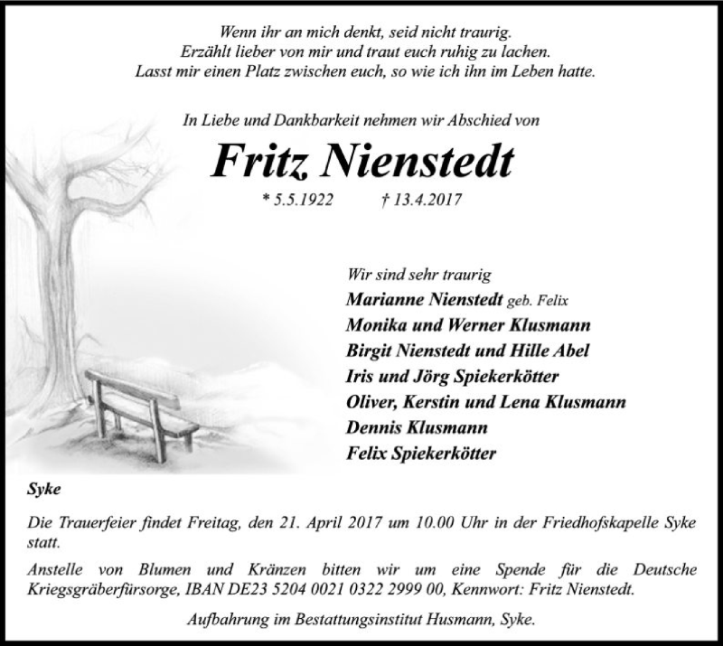  Traueranzeige für Fritz Nienstedt vom 18.04.2017 aus SYK