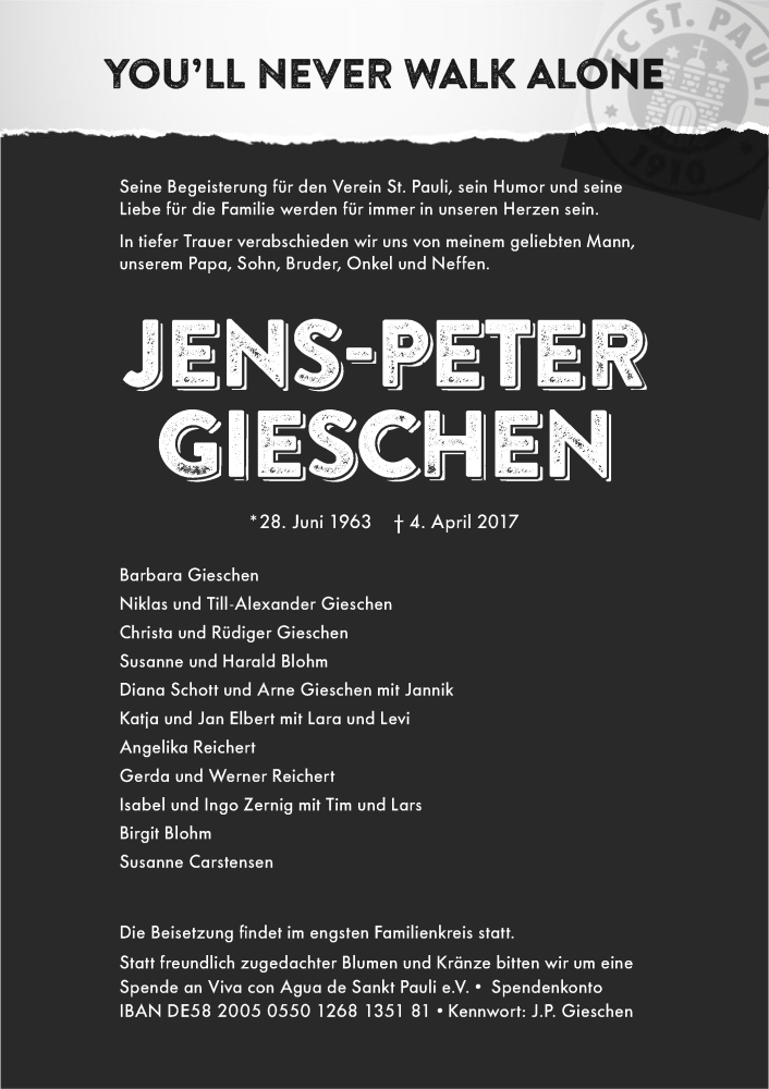  Traueranzeige für Jens-Peter Gieschen vom 06.04.2017 aus SYK