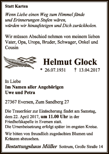 Traueranzeige von Helmut Glock von SYK