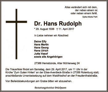 Traueranzeige von Hans Rudolph von SYK