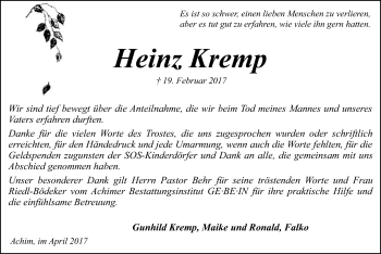 Traueranzeige von Heinz Kremp von SYK