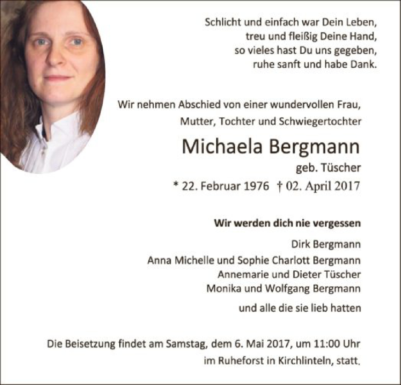  Traueranzeige für Michaela Bergmann vom 22.04.2017 aus SYK