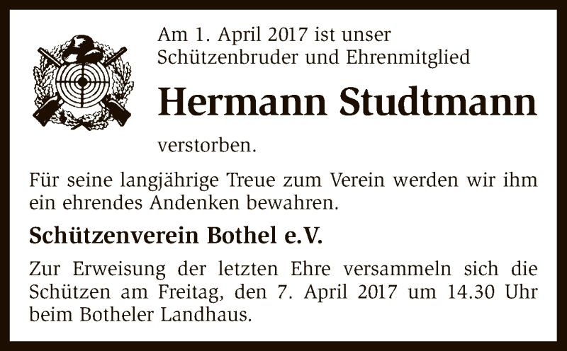  Traueranzeige für Hermann Studtmann vom 04.04.2017 aus SYK