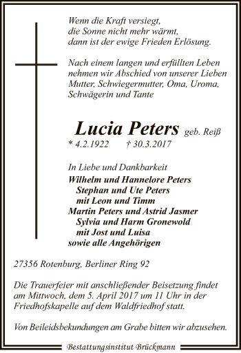 Traueranzeige von Lucia Peters von SYK