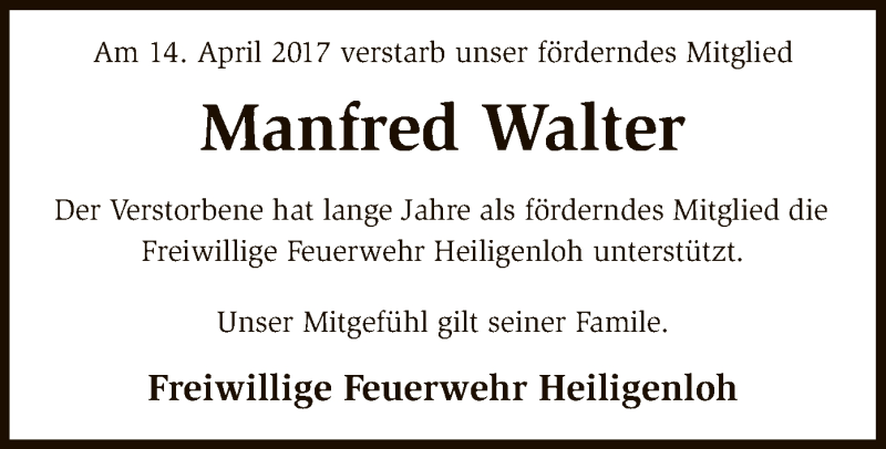  Traueranzeige für Manfred Walter vom 27.04.2017 aus SYK