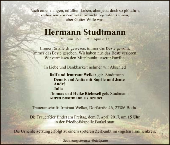 Traueranzeige von Hermann Studtmann von SYK