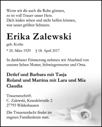 Traueranzeige von Erika Zalewski von SYK