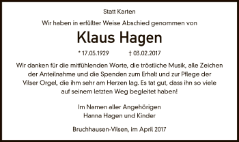 Traueranzeige von Klaus Hagen von SYK