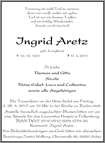 Traueranzeige von Ingrid Aretz von SYK