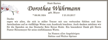 Traueranzeige von Dorothea Wührmann von SYK