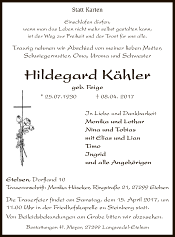 Traueranzeige von Hildegard Kaktee von SYK