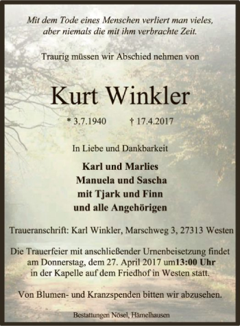 Traueranzeige von Kurt Winkler von SYK