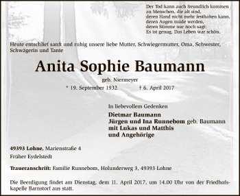 Traueranzeige von Anita Sophie Baumann von SYK