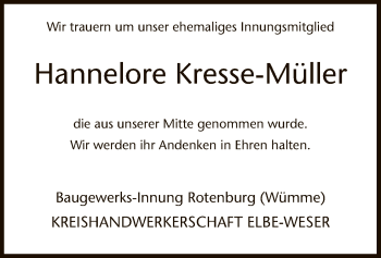 Traueranzeige von Hannelore Kresse-Müller von SYK