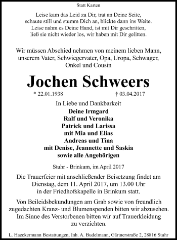 Traueranzeige von Jochen Schweers von SYK