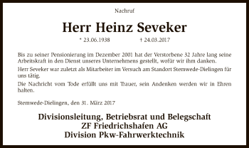 Traueranzeige von Heinz Seveker von SYK