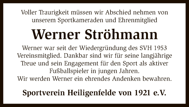  Traueranzeige für Werner Ströhmann vom 19.04.2017 aus SYK