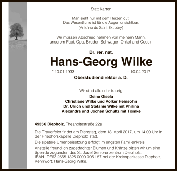 Traueranzeige von Hans-Georg Wilke von SYK