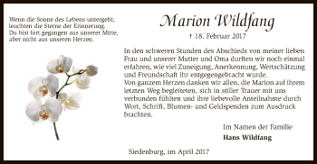 Traueranzeige von Marion Wildfang von SYK