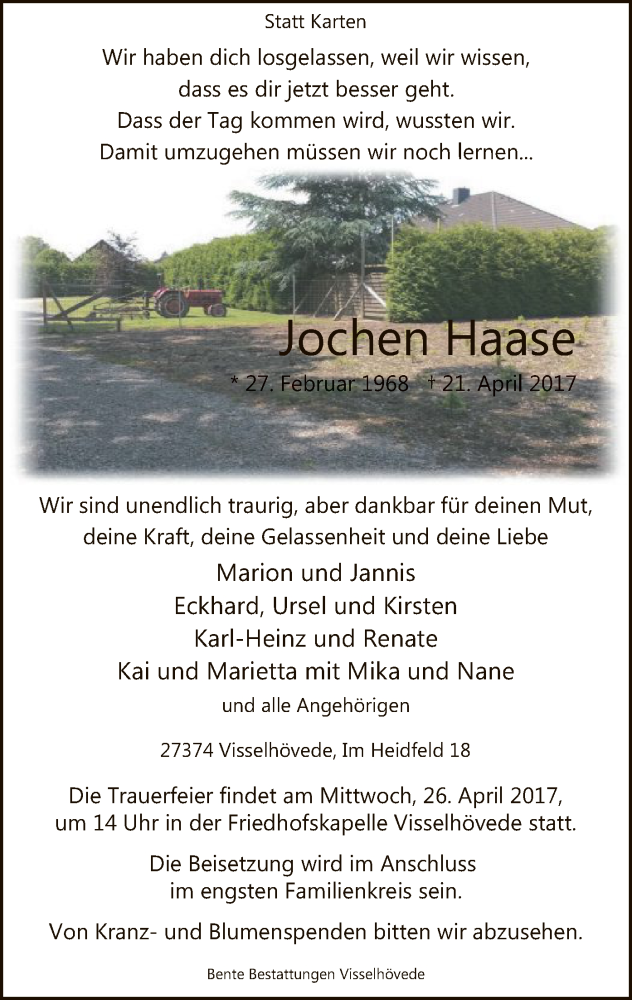  Traueranzeige für Jochen Haase vom 24.04.2017 aus SYK