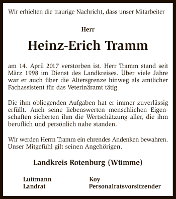 Traueranzeige von Heinz-Erich Tramm von SYK