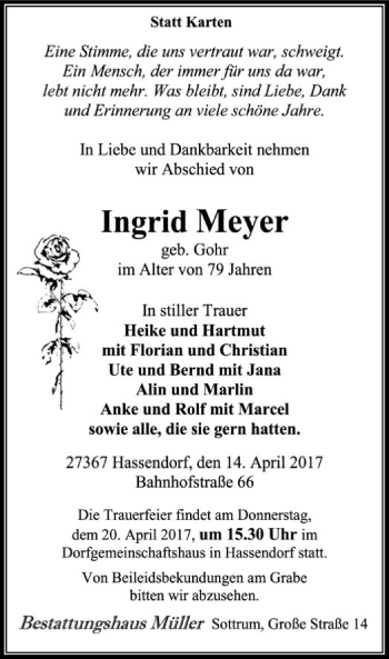 Traueranzeige von Ingrid Meyer von SYK