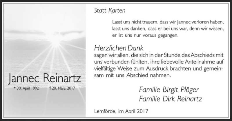  Traueranzeige für Jannec Reinartz vom 15.04.2017 aus SYK